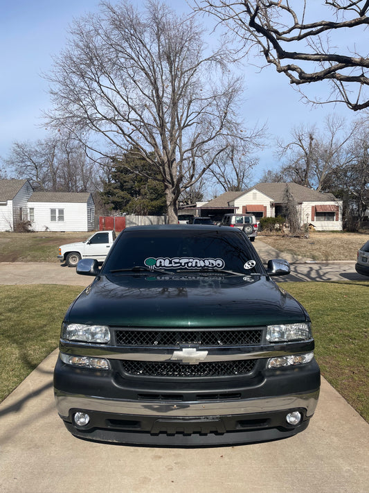 Green/silver letters windshield decal